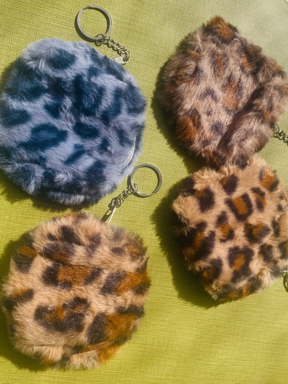 Faux Fur Leopard Print Coin Pouch Keychain - Kids Accessories - Brown & Gray